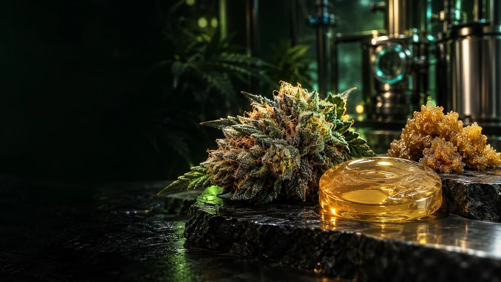 Flor de cannabis con tricomas, hash y rosin en un laboratorio de extracción