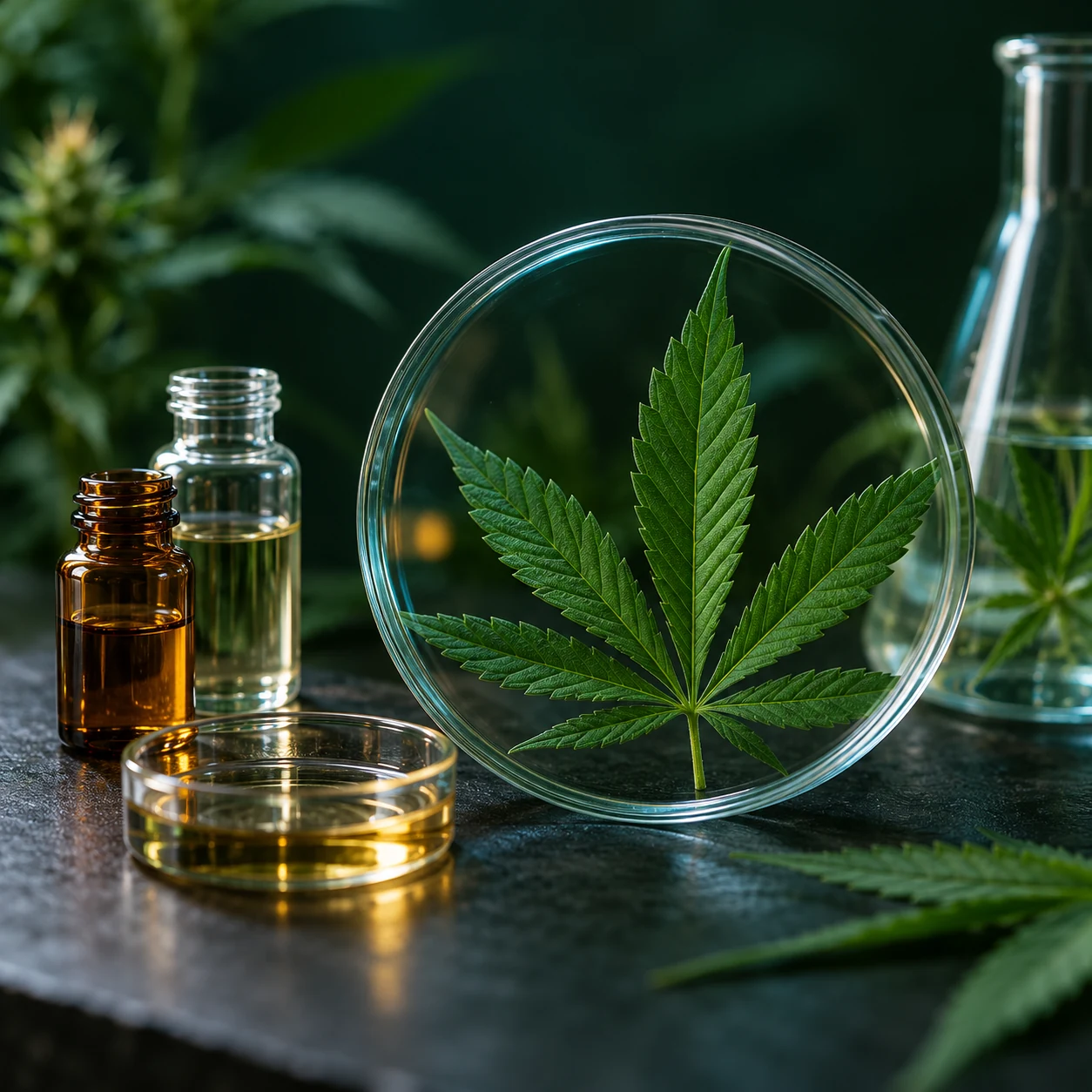 Hoja de cannabis observada a través de una placa de cristal junto a muestras botánicas
