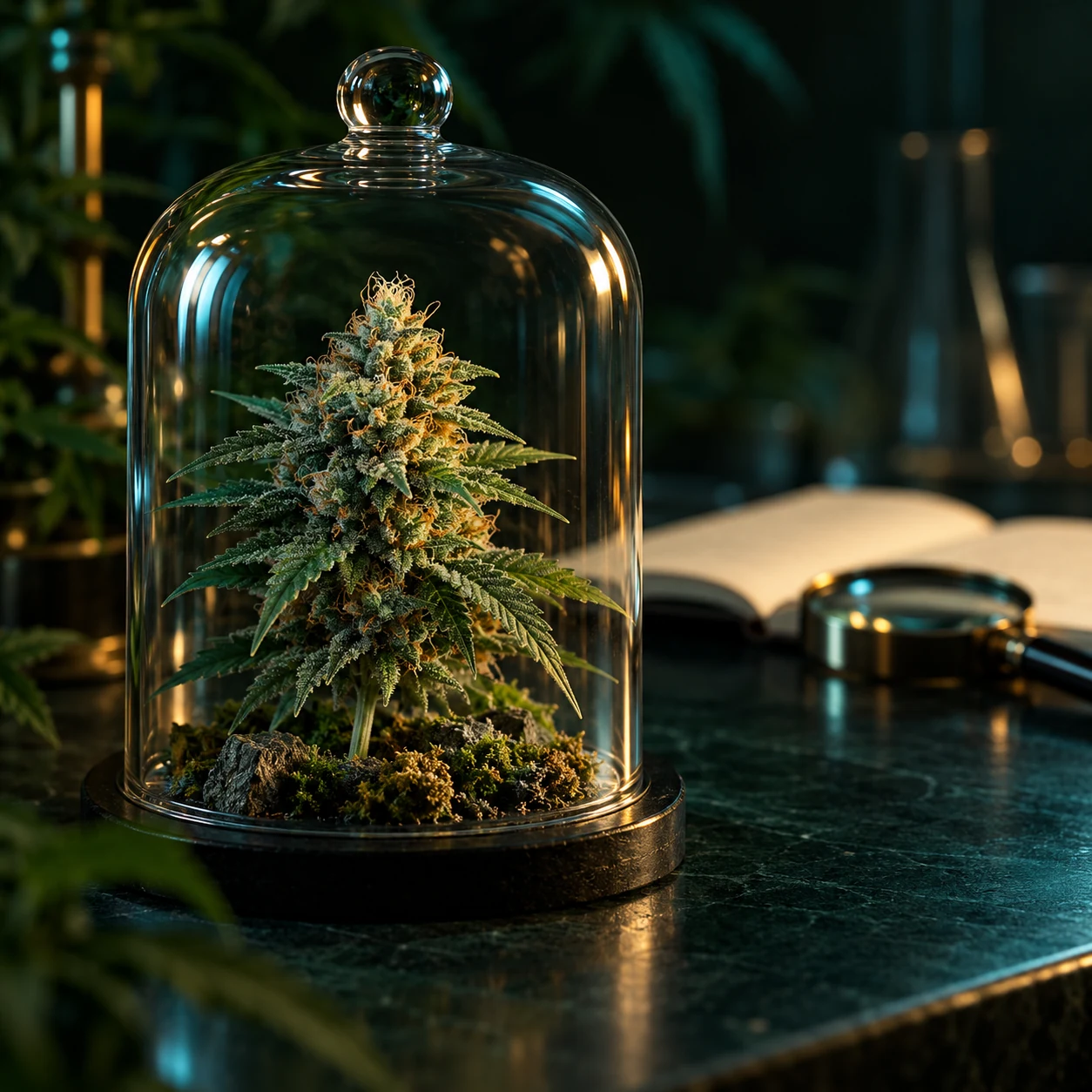 Flor de cannabis bajo una campana de cristal en una escena de investigación