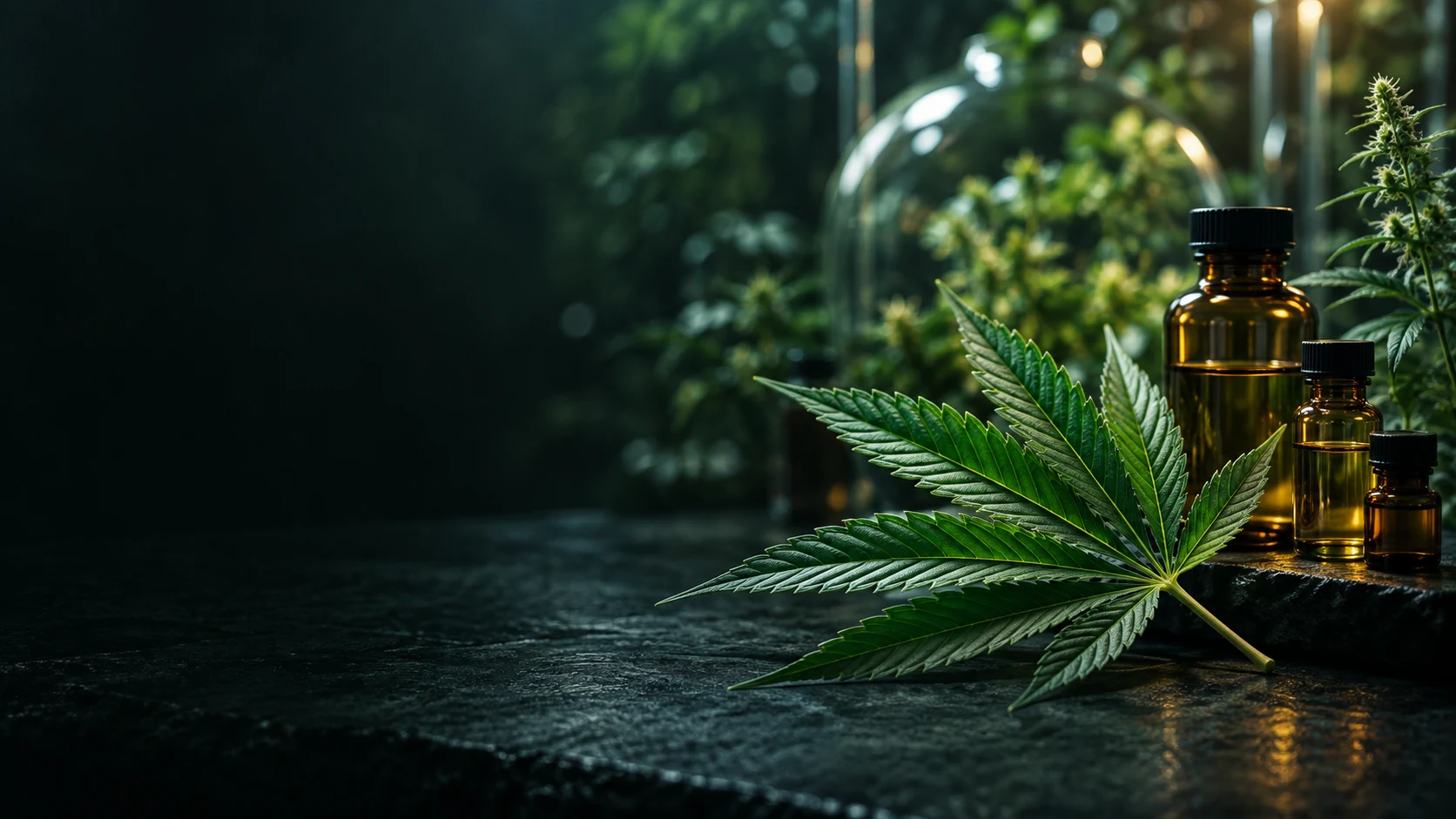 Hoja de cannabis y frascos de vidrio ámbar en un entorno botánico de investigación