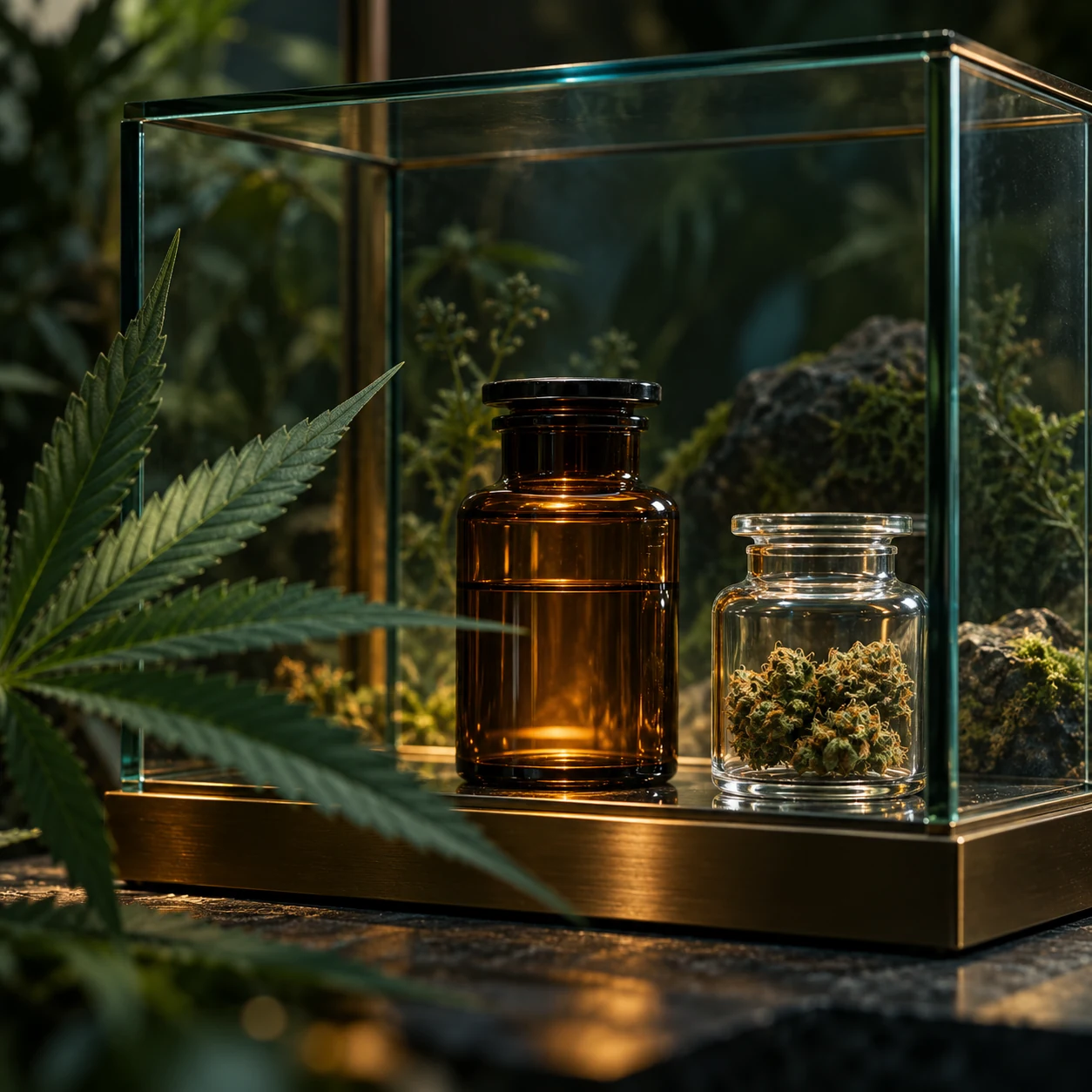 Frascos de vidrio y material botánico protegidos por una vitrina transparente