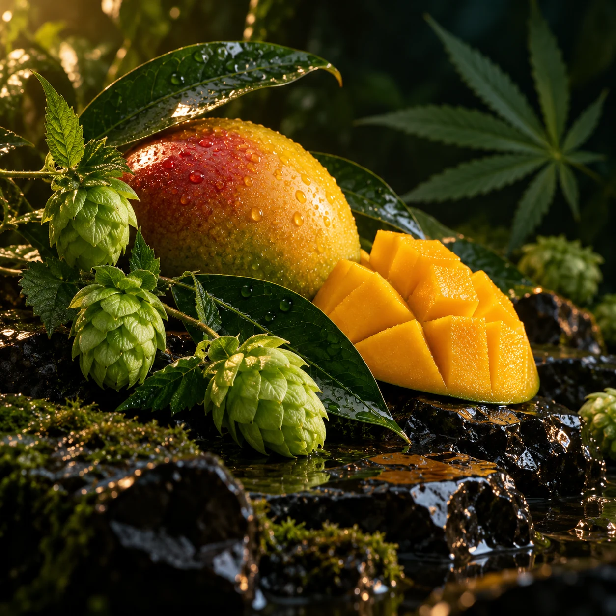 Mango y conos de lúpulo para el perfil de mirceno