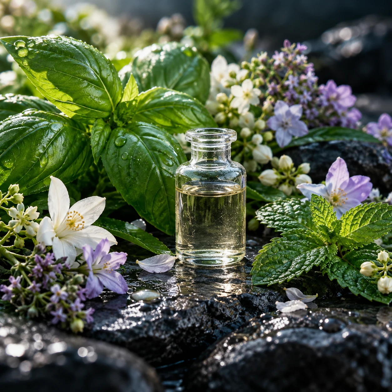 Albahaca, menta y flores para el perfil de ocimeno