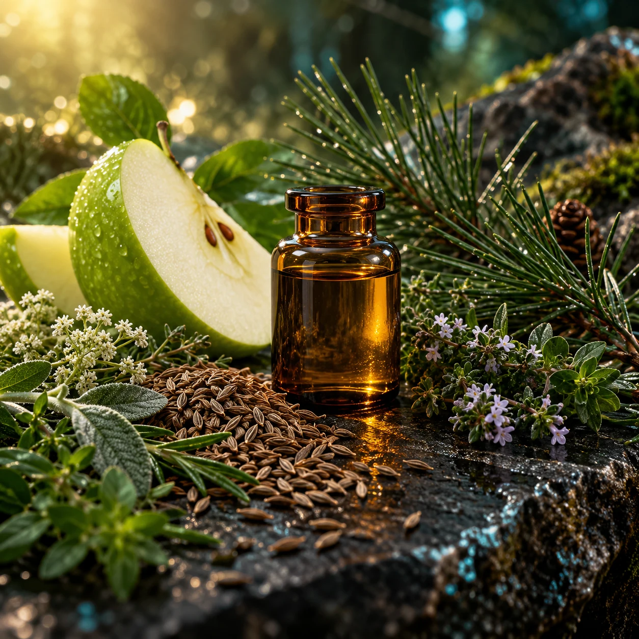 Manzana verde, comino y pino para el perfil de terpinoleno