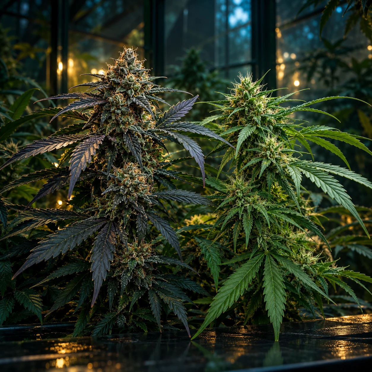 Dos ramas botánicas de cannabis con siluetas contrastadas en un invernadero