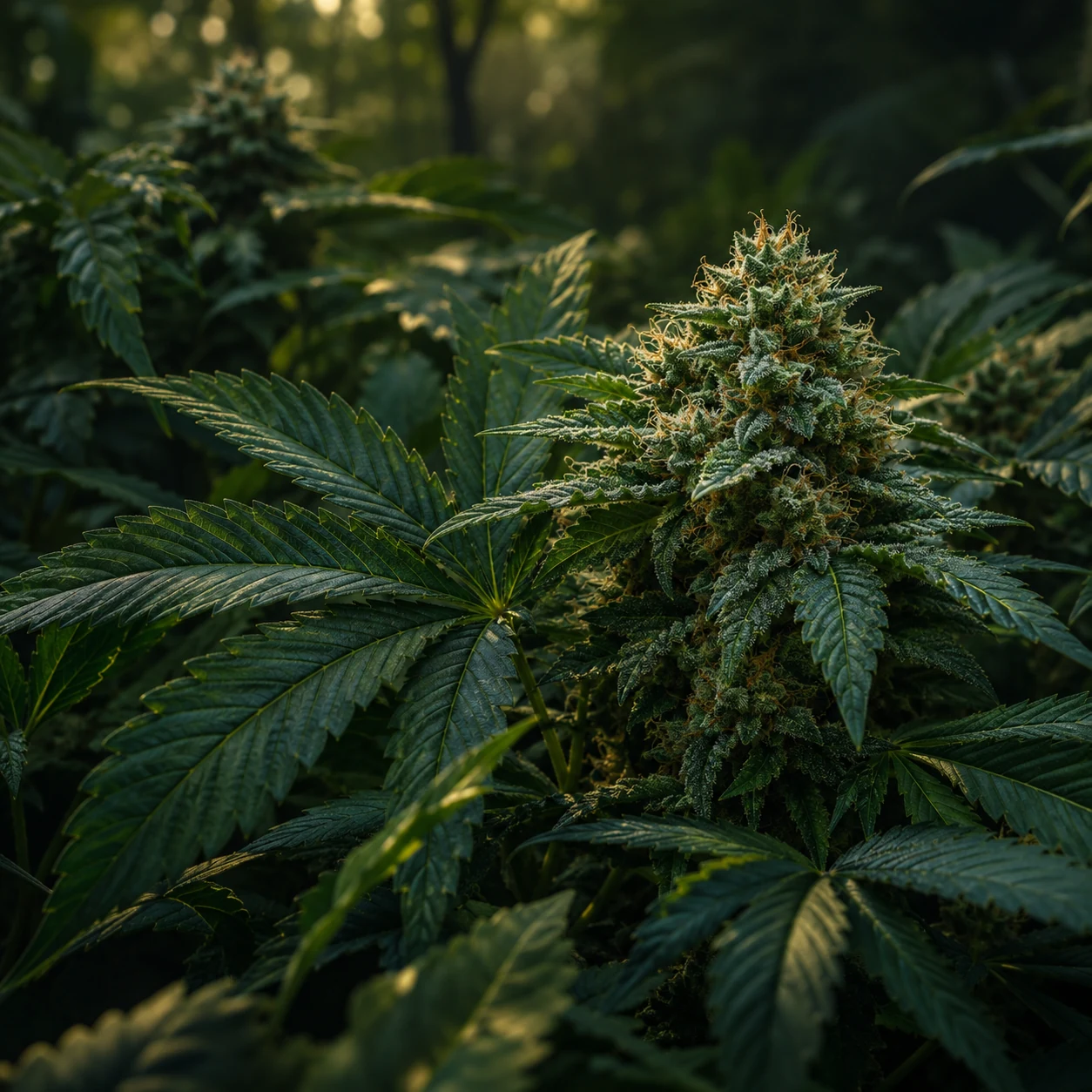 Rama botánica de cannabis de hoja ancha en un entorno verde profundo