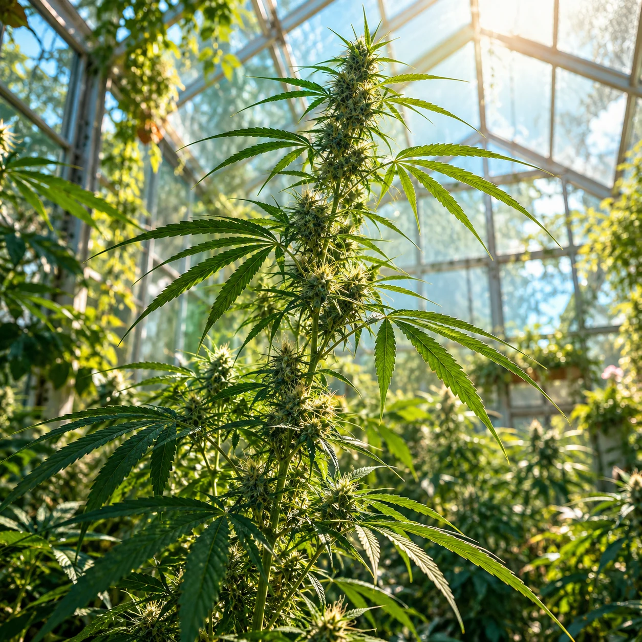 Rama botánica de cannabis de silueta esbelta bajo luz de invernadero